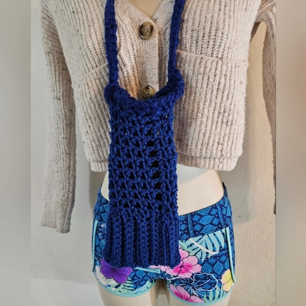 Hand Crafted hand knit crochet cellphone crossbody bag boho style electric blue